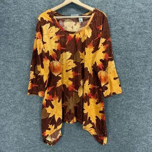 Collections Blouse Women XL Brown Maple Leaves Print 3/4 Sleeve Cotton Casual